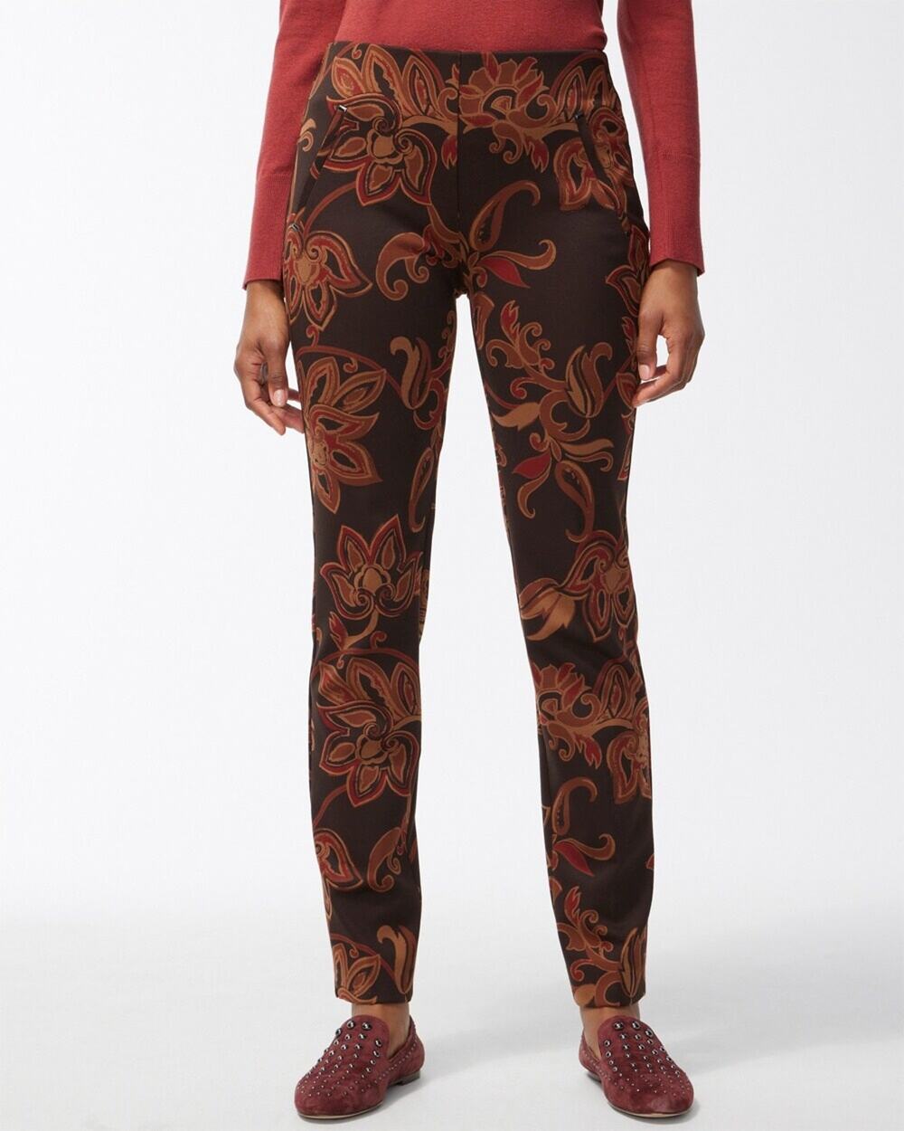 New CHICO's Petite Sz 1.5 10P Juliet Ponte Floral Ankle Pants In Brown Fall
